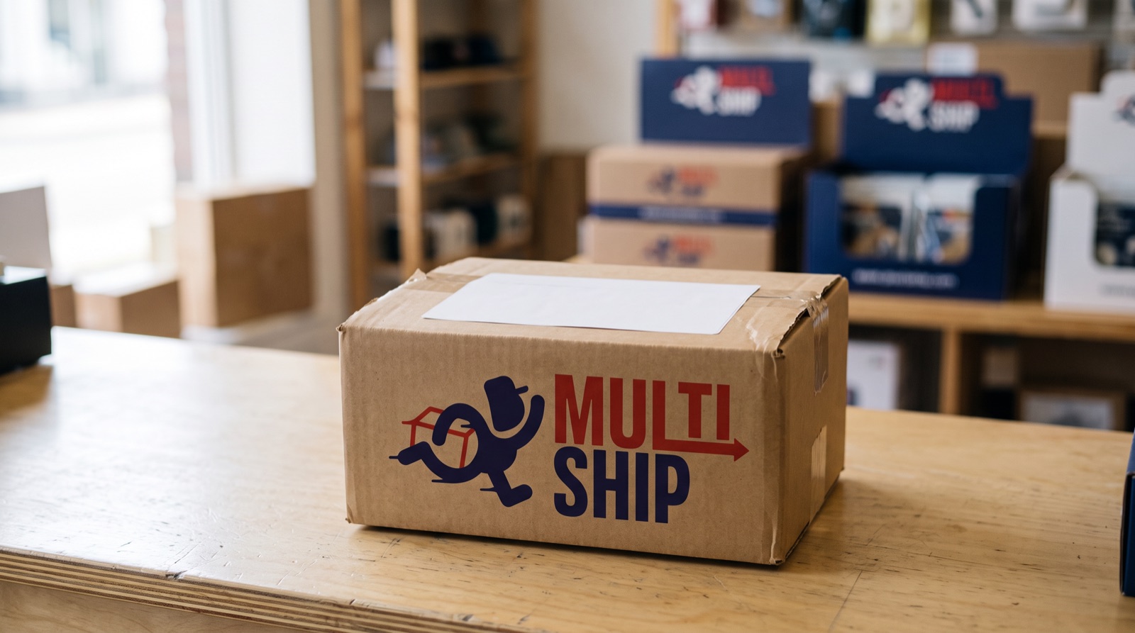 Caja MultiShip sellada con la guía pegada lisa sobre la cara más grande