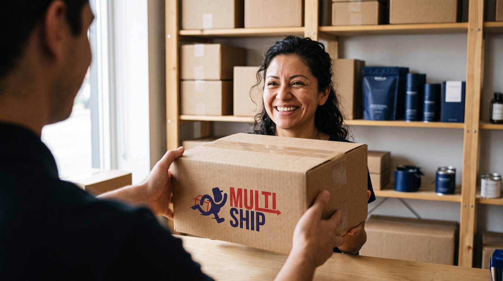 Colaboradora de MultiShip recibiendo una caja de un cliente en el mostrador