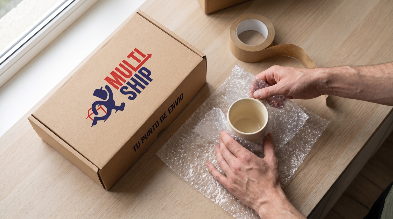 Envolviendo una taza con papel burbuja junto a una caja MultiShip