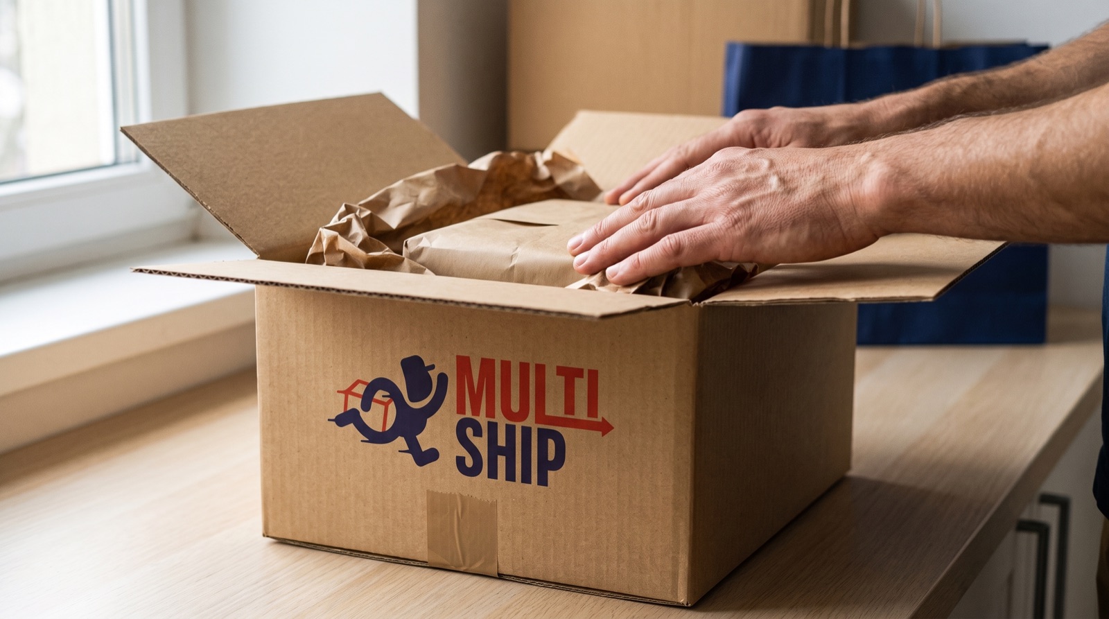 Caja MultiShip abierta con papel de relleno cubriendo los huecos alrededor del contenido