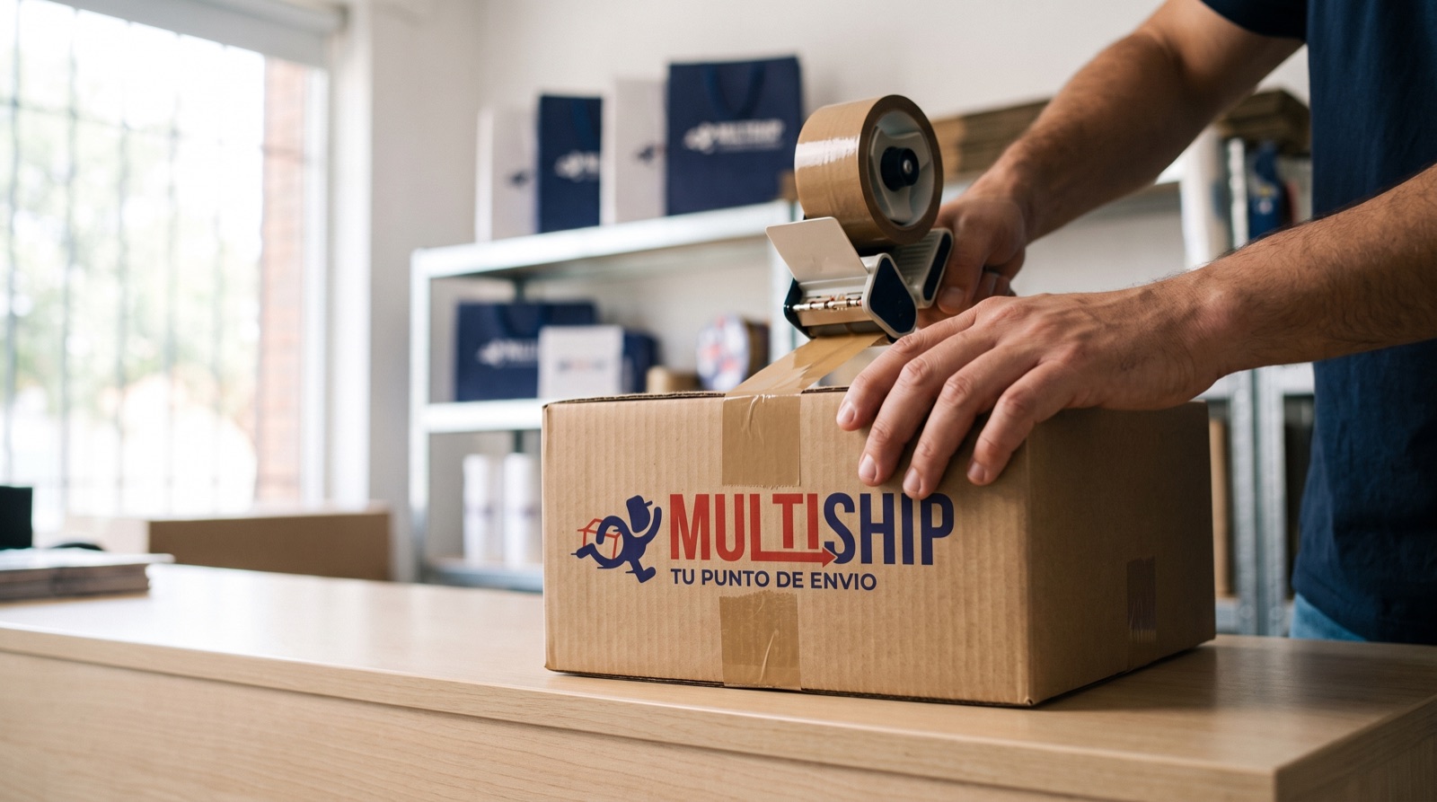 Sellando con cinta la unión central de una caja MultiShip en el mostrador