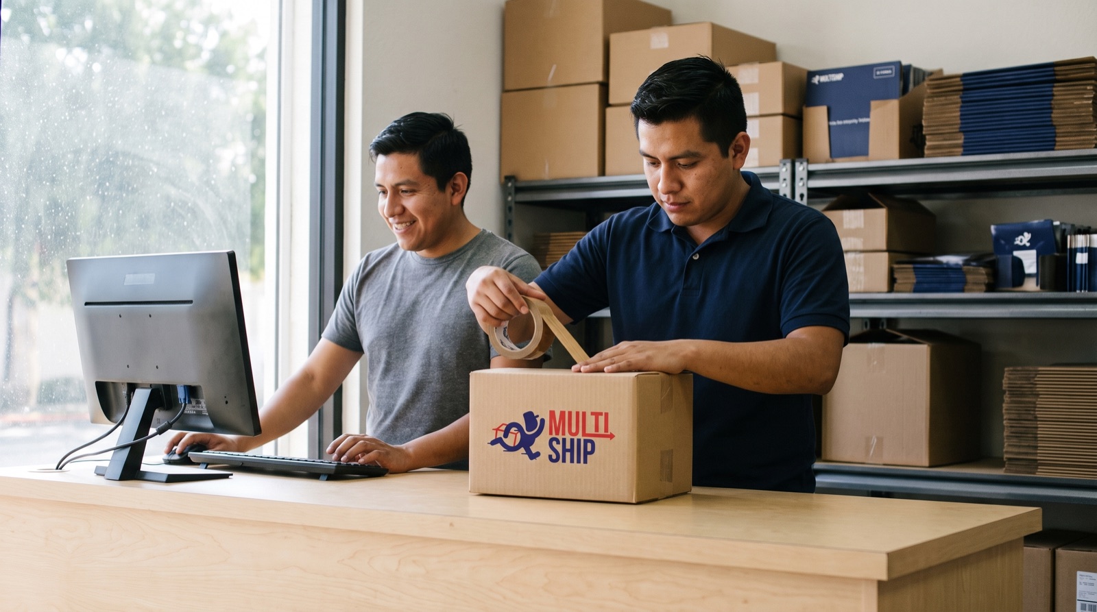 Equipo de MultiShip cotizando y empacando un envío en el mostrador