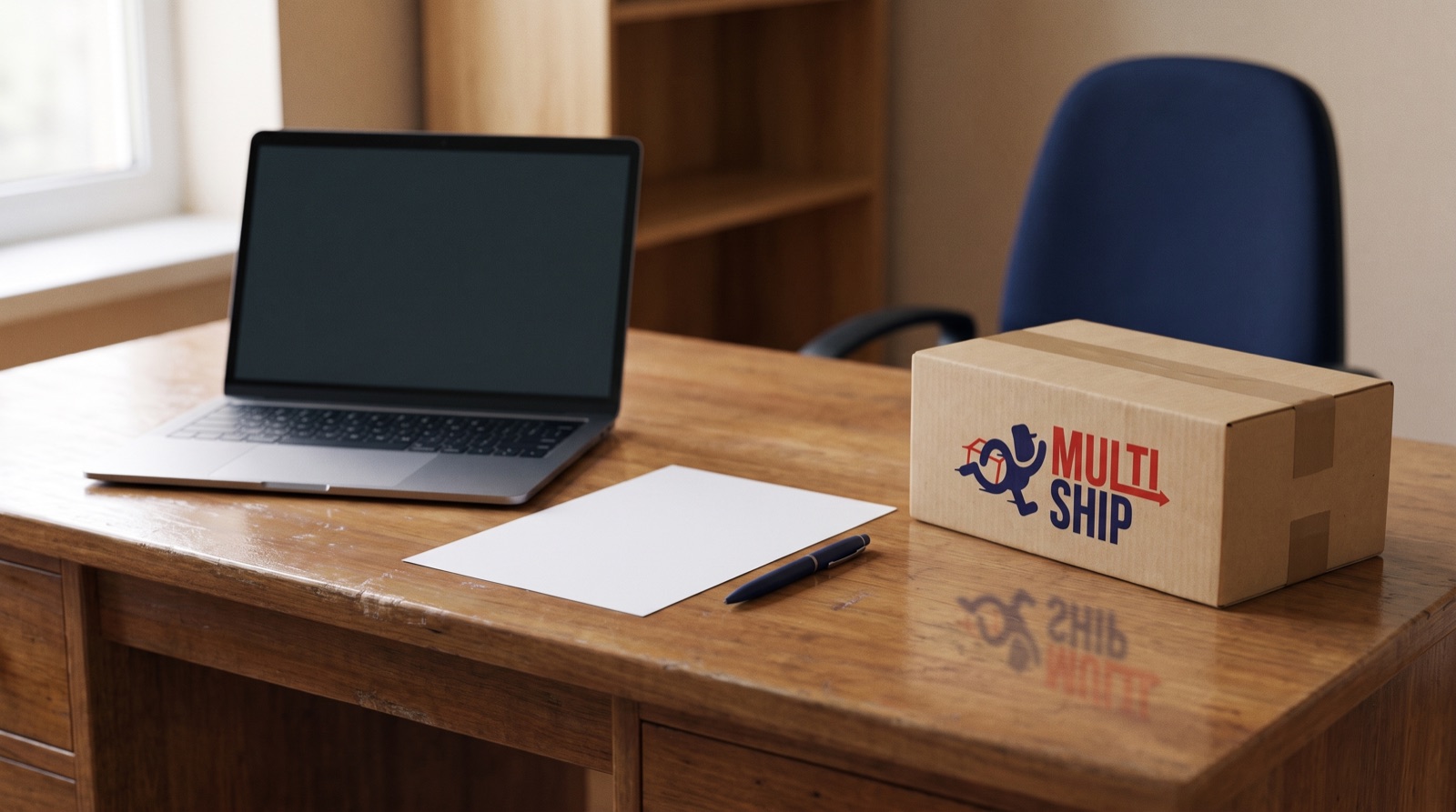 Escritorio con una laptop y una caja MultiShip lista para facturar