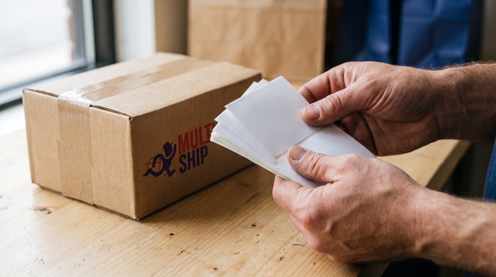 Manos preparando etiquetas de envío junto a una caja en MultiShip Xalapa