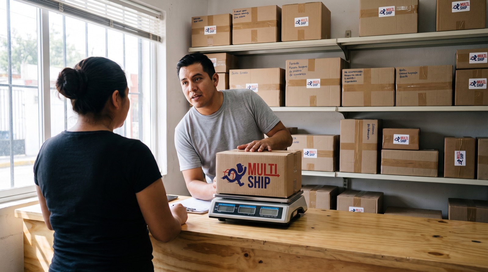 Cliente pesando su paquete en el mostrador de MultiShip en Xalapa