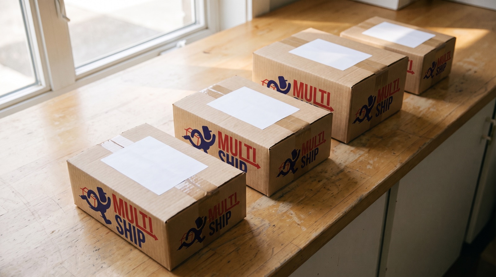 Varias cajas MultiShip selladas y etiquetadas, listas para salir de la sucursal