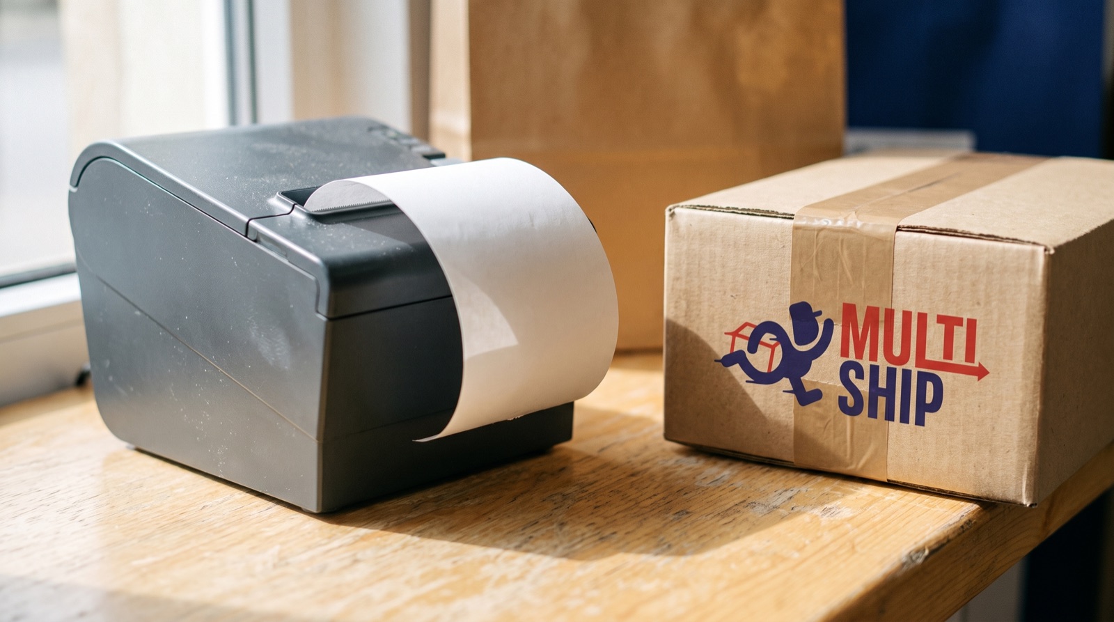 Impresora de tickets junto a una caja MultiShip lista para salir