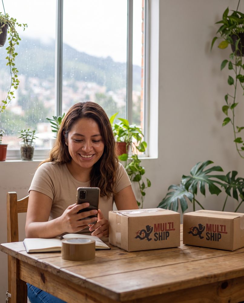 Emprendedora revisa sus envíos en el celular junto a sus cajas MultiShip