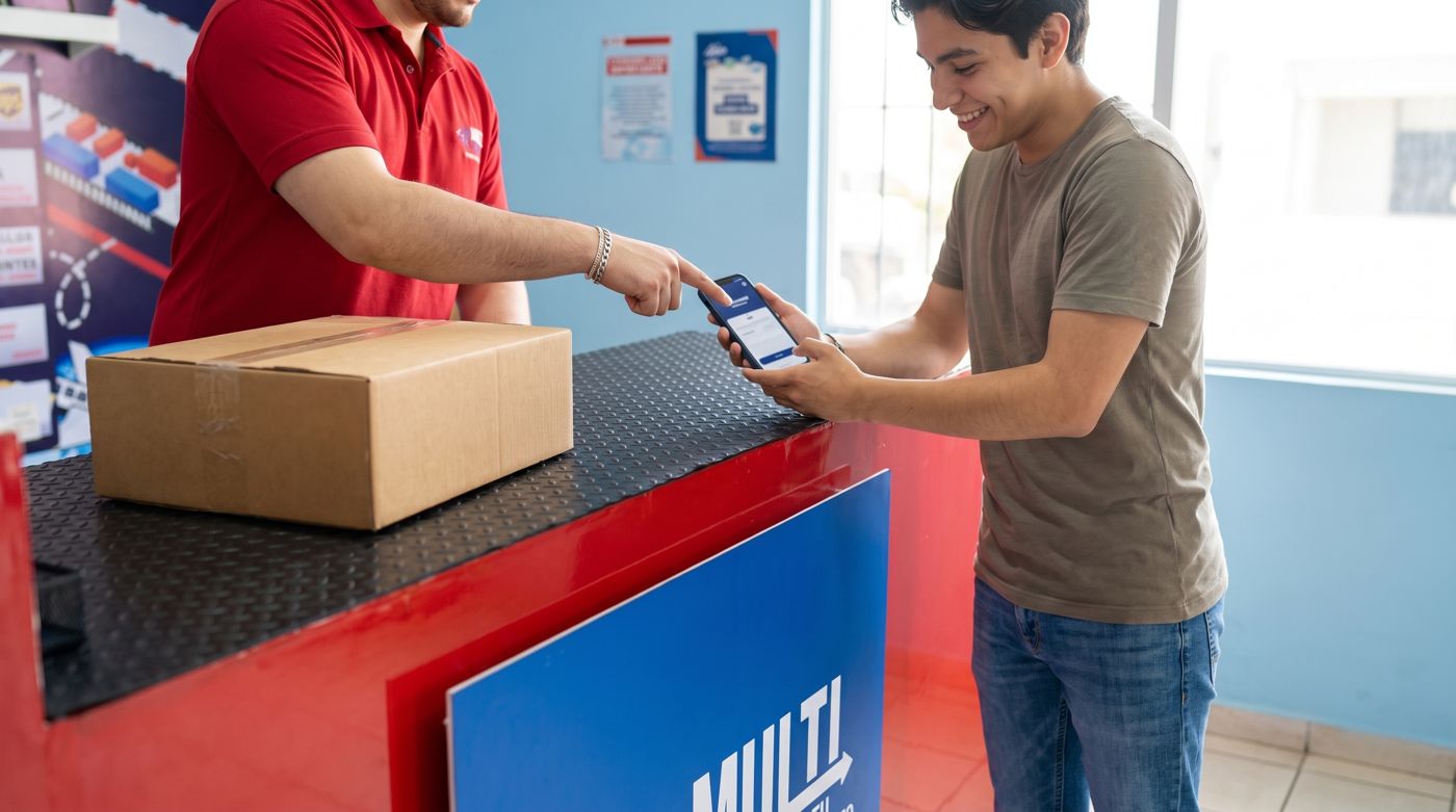 Colaborador de MultiShip ayuda a un cliente a activar Mi MultiShip en el mostrador