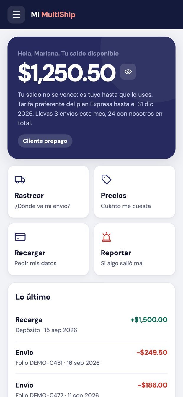 Pantalla de inicio de Mi MultiShip con el saldo del cliente