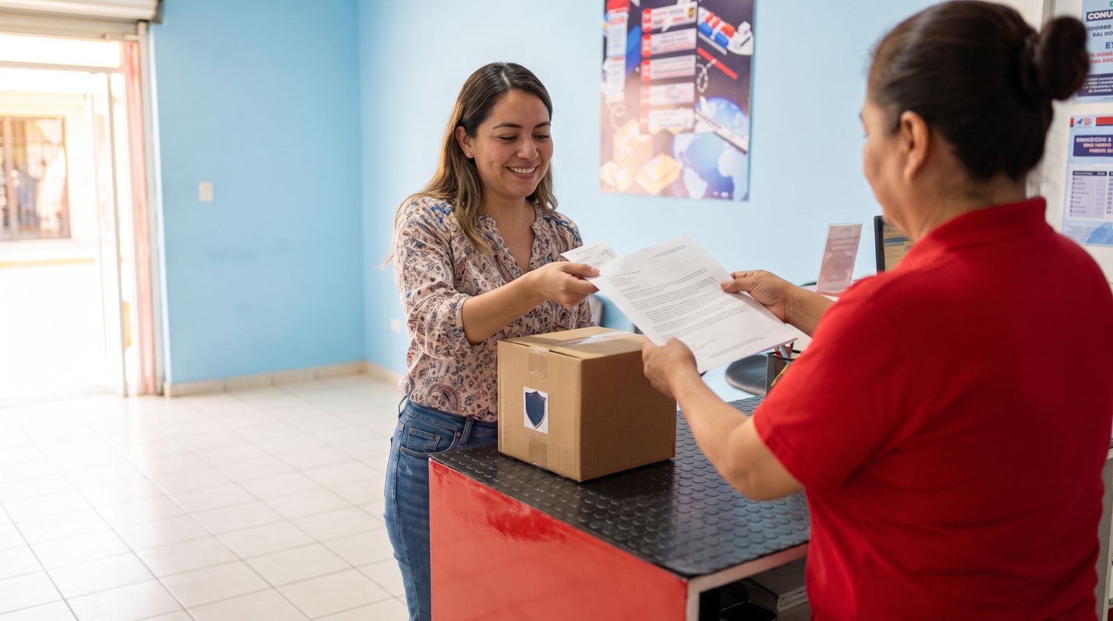 Clienta recibe su constancia de protección en el mostrador de MultiShip